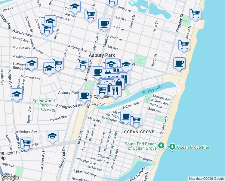 map of restaurants, bars, coffee shops, grocery stores, and more near 601 Mattison Avenue in Asbury Park