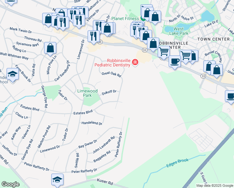 map of restaurants, bars, coffee shops, grocery stores, and more near 12 Dukoff Drive in Hamilton Township