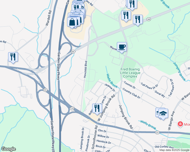 map of restaurants, bars, coffee shops, grocery stores, and more near Victoria Gardens Square in Neptune Township