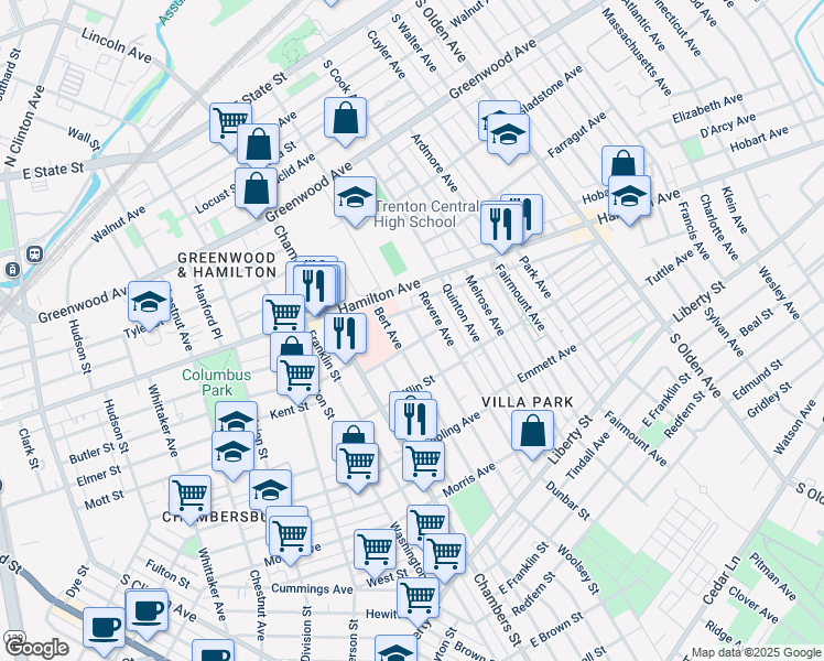 map of restaurants, bars, coffee shops, grocery stores, and more near 119 Columbus Avenue in Trenton