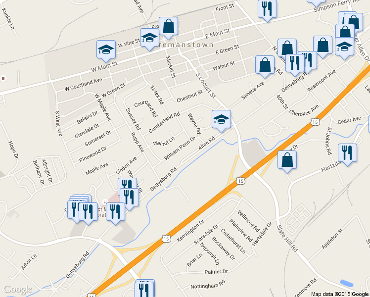 map of restaurants, bars, coffee shops, grocery stores, and more near 15 William Penn Drive in Camp Hill