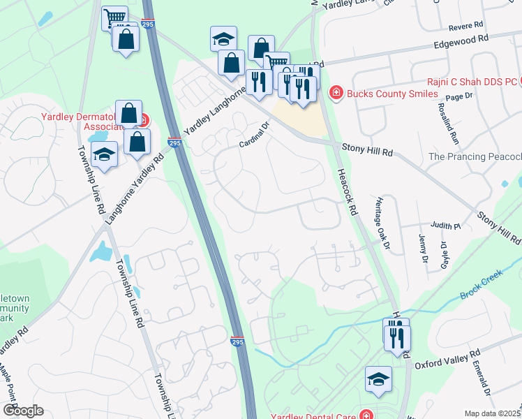 map of restaurants, bars, coffee shops, grocery stores, and more near 580 Wrensong Road in Yardley