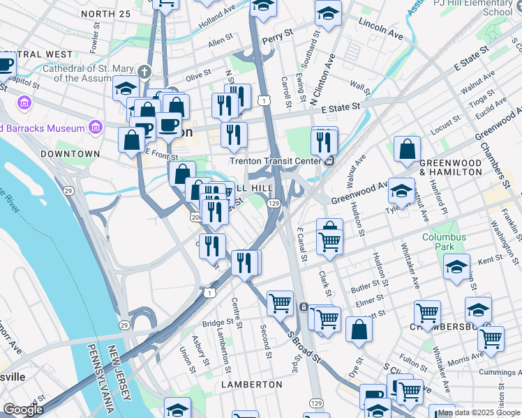 map of restaurants, bars, coffee shops, grocery stores, and more near 240 Clay St in Trenton