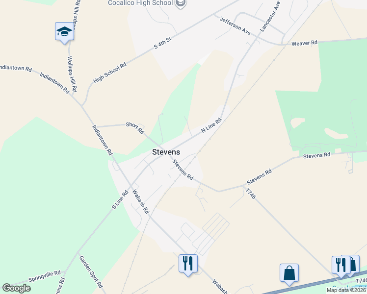 map of restaurants, bars, coffee shops, grocery stores, and more near 45 N Line Rd in Stevens