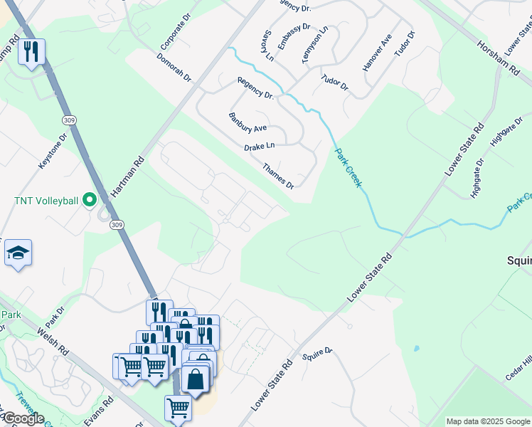 map of restaurants, bars, coffee shops, grocery stores, and more near 508 Ellison Drive in North Wales