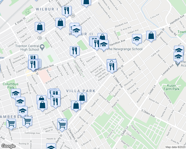 map of restaurants, bars, coffee shops, grocery stores, and more near 950 Park Avenue in Trenton