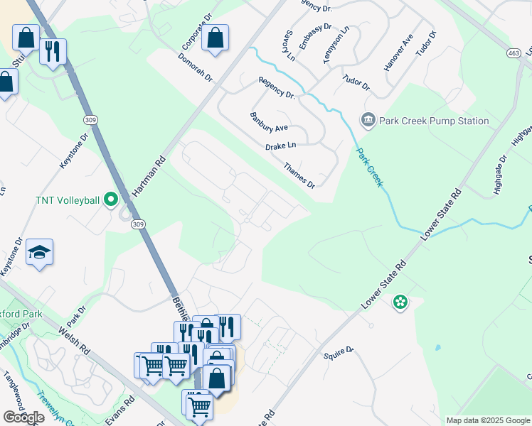 map of restaurants, bars, coffee shops, grocery stores, and more near 209 Bishop Drive in North Wales
