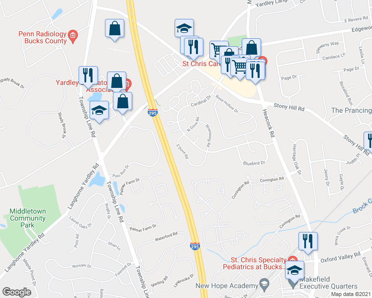 map of restaurants, bars, coffee shops, grocery stores, and more near 589 South Dove Road in Yardley