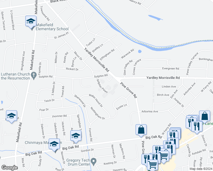 map of restaurants, bars, coffee shops, grocery stores, and more near 29 Sutphin Pines in Yardley