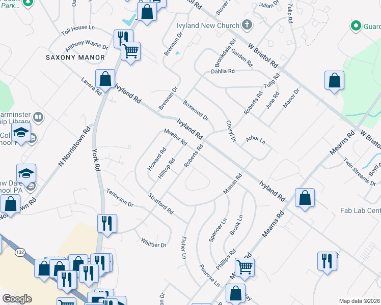 map of restaurants, bars, coffee shops, grocery stores, and more near 1087 Roberts Road in Warminster