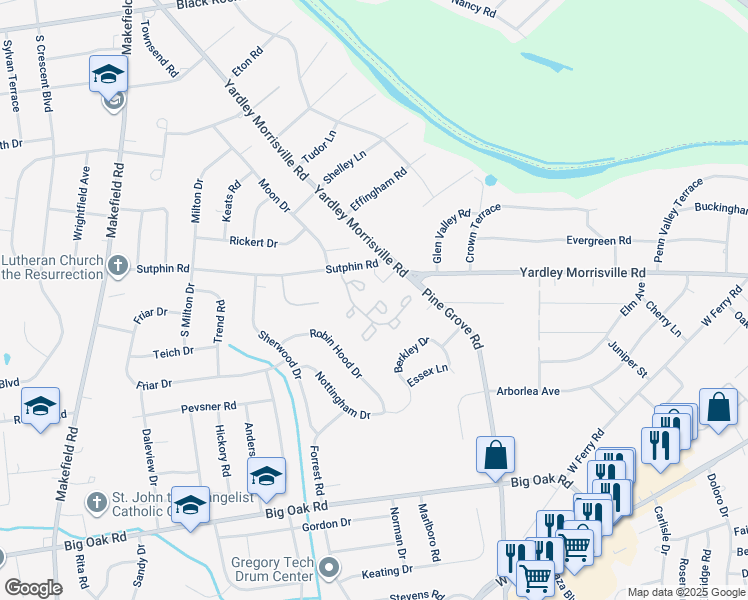 map of restaurants, bars, coffee shops, grocery stores, and more near 29 Sutphin Pines in Yardley
