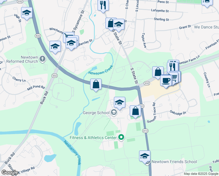 map of restaurants, bars, coffee shops, grocery stores, and more near 244 Richboro Newtown Road in Newtown