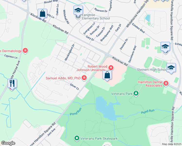 map of restaurants, bars, coffee shops, grocery stores, and more near 45 Meadowlark Drive in Hamilton Township