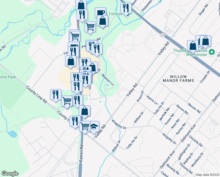 map of restaurants, bars, coffee shops, grocery stores, and more near 1712 Beacon Lane in Warrington