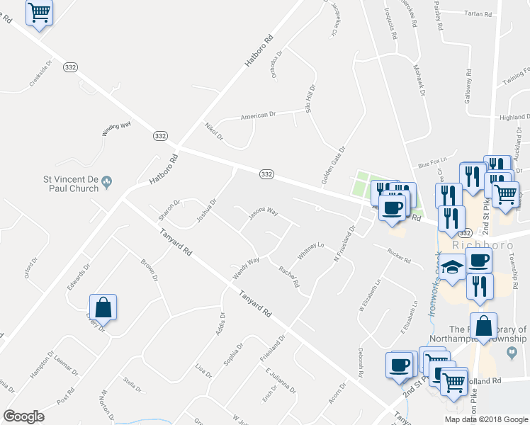 map of restaurants, bars, coffee shops, grocery stores, and more near 46 Jasons Way in Richboro