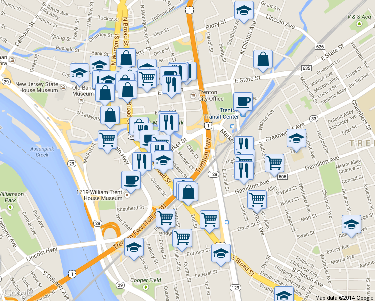 map of restaurants, bars, coffee shops, grocery stores, and more near 240 Clay Street in Trenton