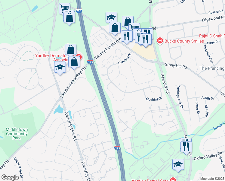 map of restaurants, bars, coffee shops, grocery stores, and more near 589 South Dove Road in Yardley