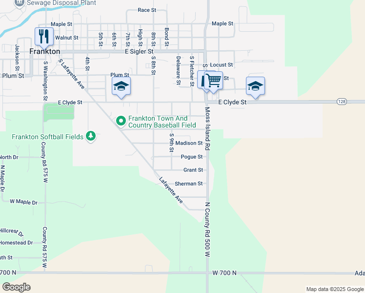 map of restaurants, bars, coffee shops, grocery stores, and more near 915 Madison Street in Frankton