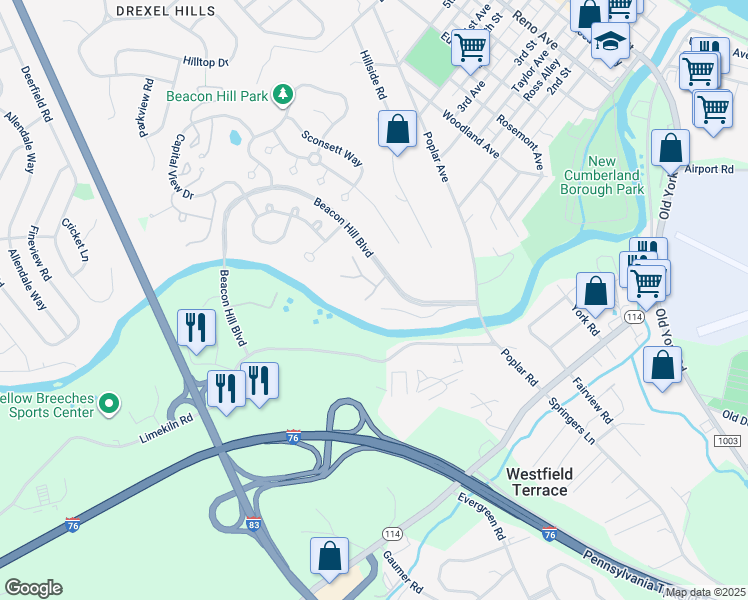 map of restaurants, bars, coffee shops, grocery stores, and more near 1118 Quincy Circle in New Cumberland