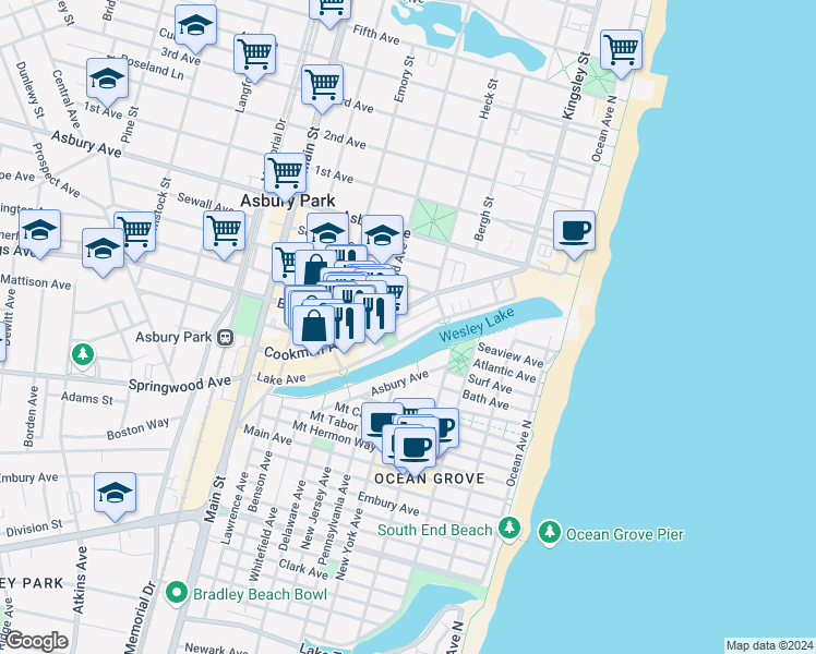 map of restaurants, bars, coffee shops, grocery stores, and more near 407 Lake Avenue in Asbury Park