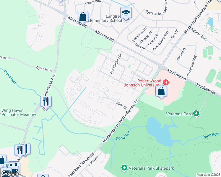 map of restaurants, bars, coffee shops, grocery stores, and more near 1702 Silver Court in Trenton