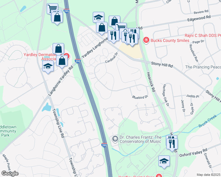 map of restaurants, bars, coffee shops, grocery stores, and more near 581 Wrensong Road in Yardley