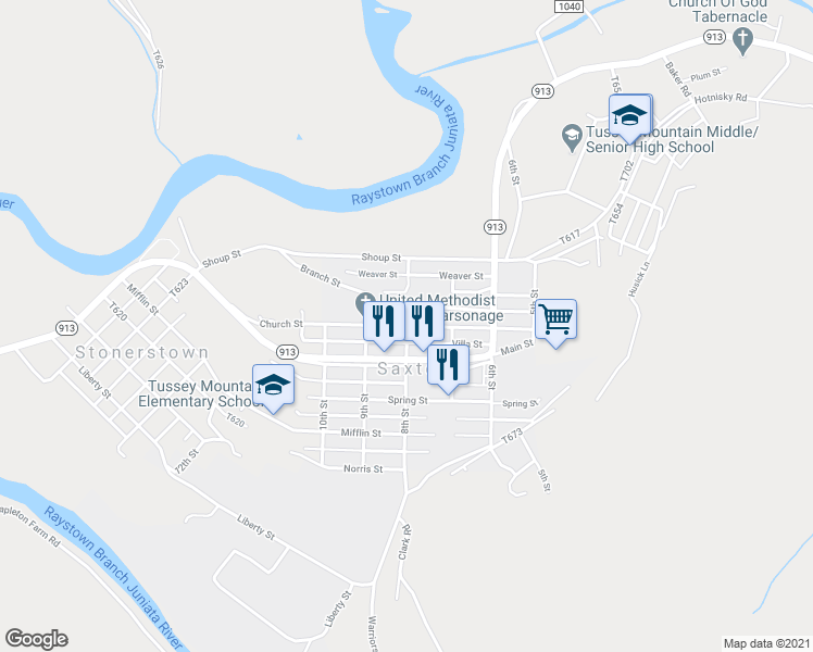 map of restaurants, bars, coffee shops, grocery stores, and more near 355 Church Street in Saxton