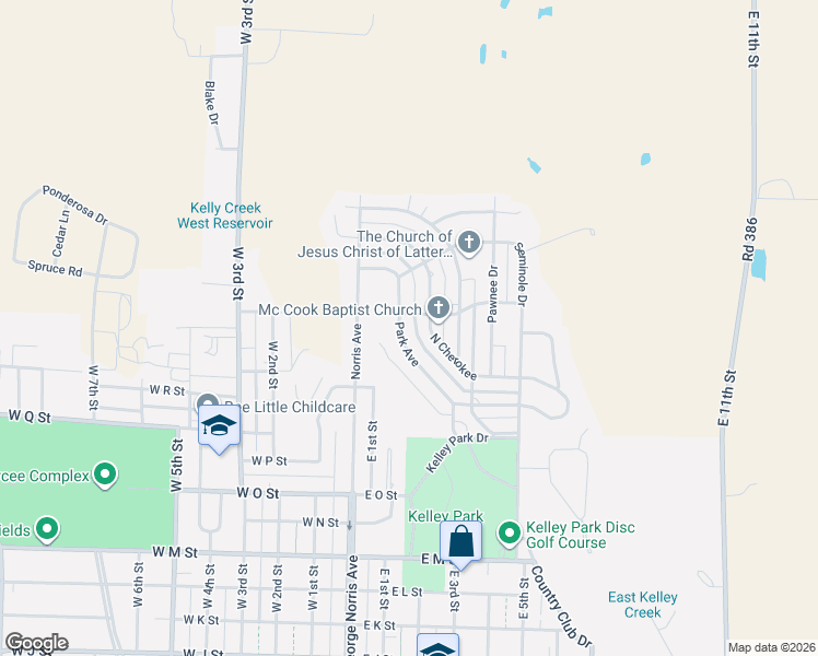 map of restaurants, bars, coffee shops, grocery stores, and more near 201-399 Park Ave in McCook
