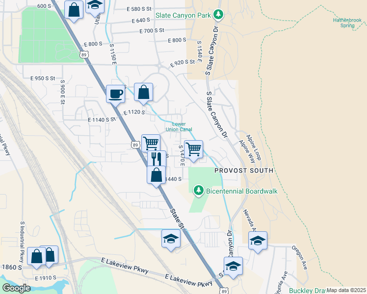 map of restaurants, bars, coffee shops, grocery stores, and more near 1482 East 1280 South in Provo
