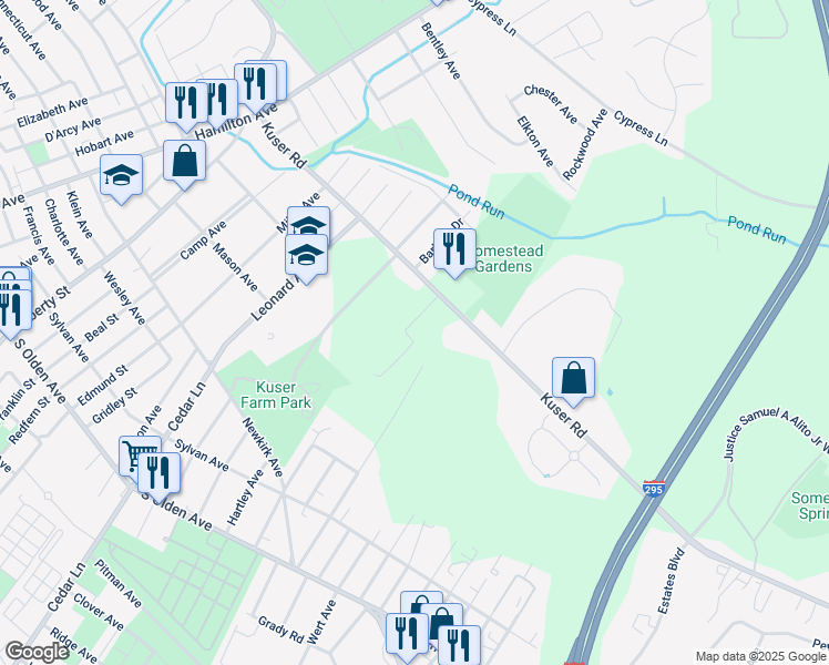 map of restaurants, bars, coffee shops, grocery stores, and more near 655 Kuser Road in Hamilton Township