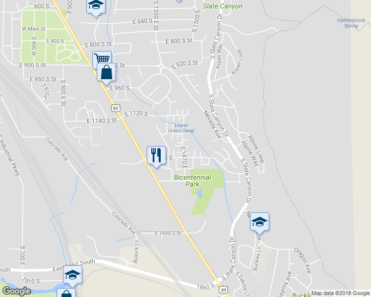 map of restaurants, bars, coffee shops, grocery stores, and more near 1482 East 1280 South in Provo