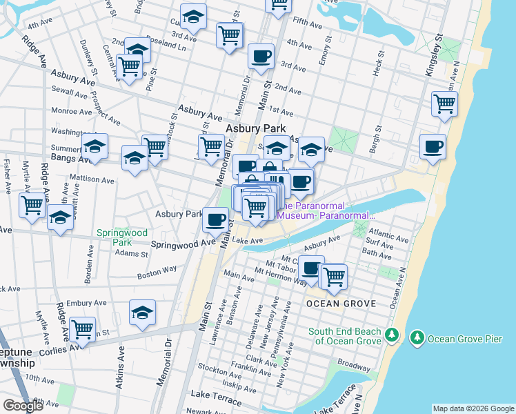 map of restaurants, bars, coffee shops, grocery stores, and more near 649 Mattison Avenue in Asbury Park
