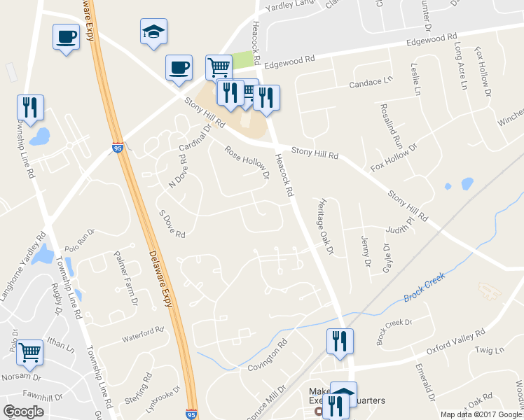 map of restaurants, bars, coffee shops, grocery stores, and more near 576A Thrush Court in Yardley
