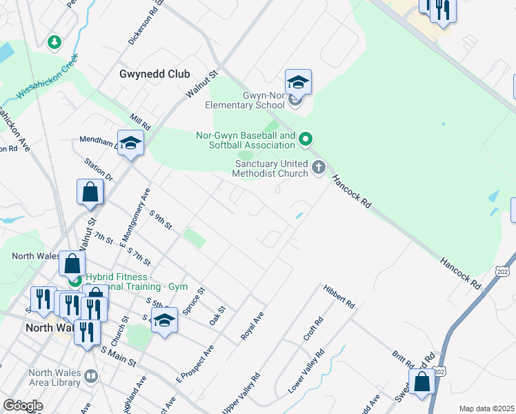 map of restaurants, bars, coffee shops, grocery stores, and more near 1118 Harvest Lane in North Wales