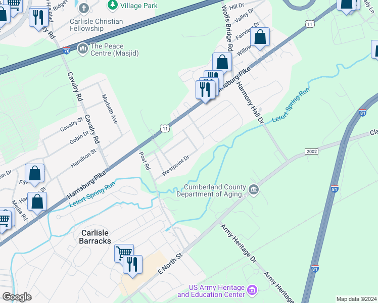 map of restaurants, bars, coffee shops, grocery stores, and more near 176 Westpoint Drive in Carlisle