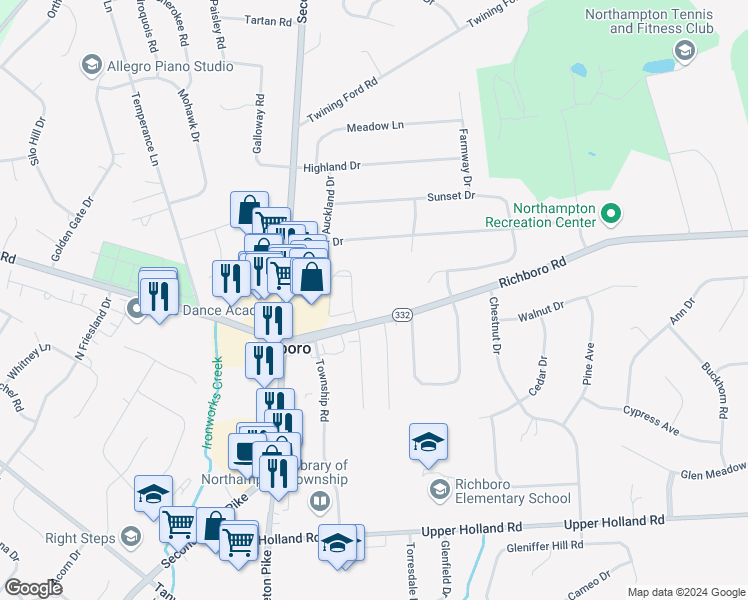 map of restaurants, bars, coffee shops, grocery stores, and more near 65 Richboro Road in Richboro