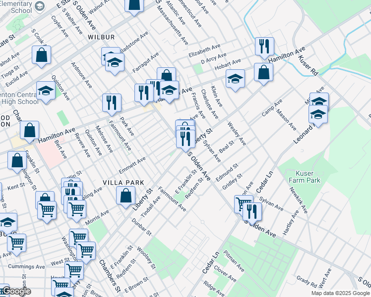 map of restaurants, bars, coffee shops, grocery stores, and more near S Olden Ave & Liberty St in Hamilton Township
