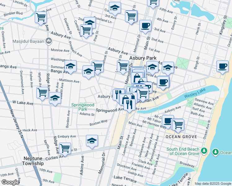 map of restaurants, bars, coffee shops, grocery stores, and more near 919 Cookman Avenue in Asbury Park