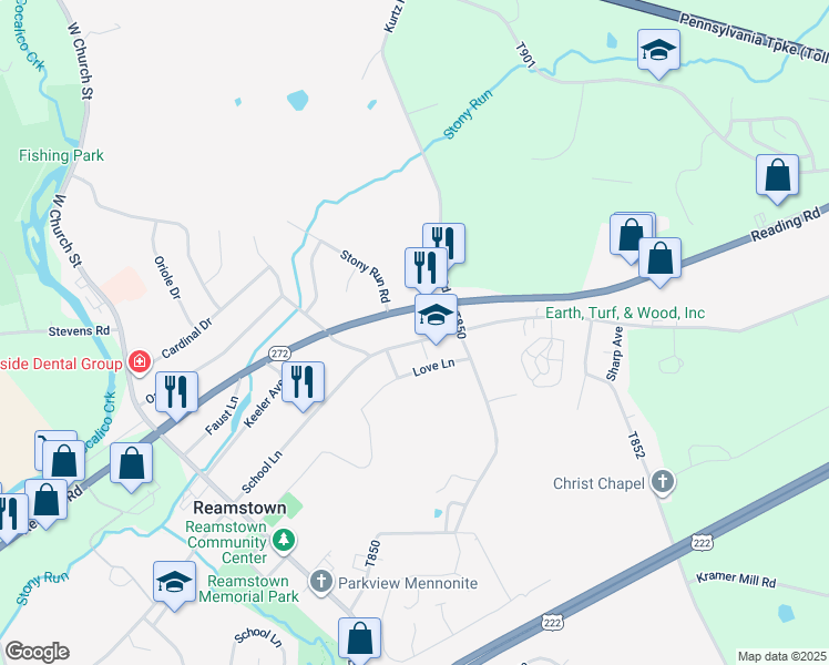 map of restaurants, bars, coffee shops, grocery stores, and more near 132 North Reamstown Road in Stevens