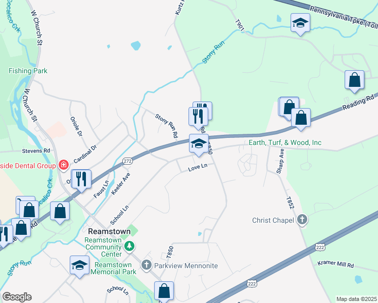 map of restaurants, bars, coffee shops, grocery stores, and more near 132 North Reamstown Road in Stevens