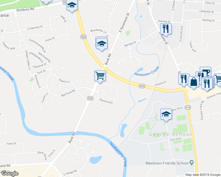 map of restaurants, bars, coffee shops, grocery stores, and more near 1707 Diamond Drive in Newtown