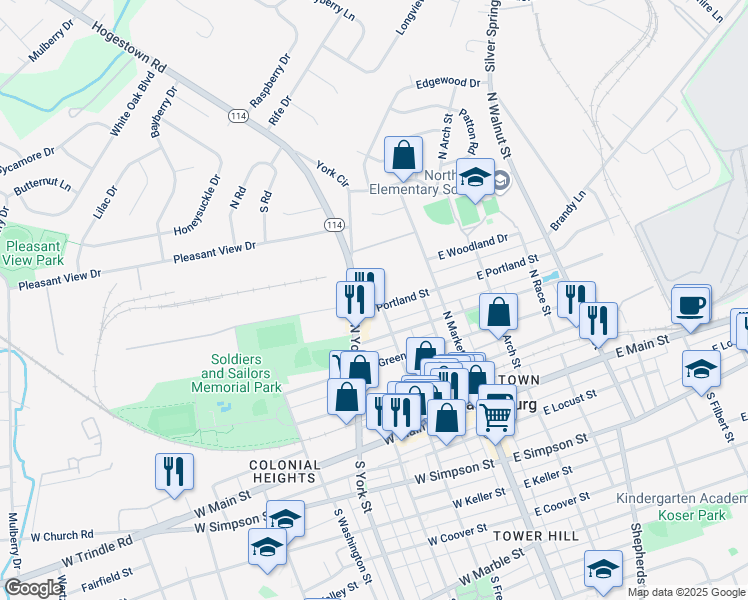 map of restaurants, bars, coffee shops, grocery stores, and more near 130 West Portland Street in Mechanicsburg