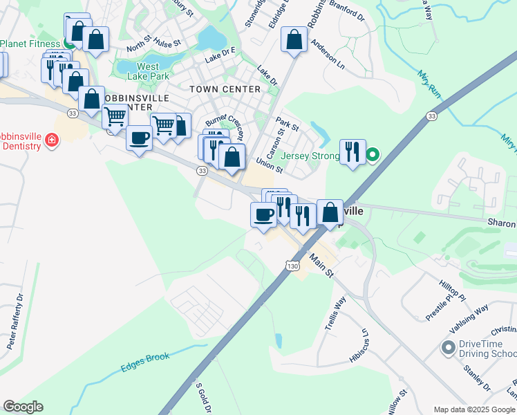 map of restaurants, bars, coffee shops, grocery stores, and more near 7A Robbinsville Allentown Road in Robbinsville Township