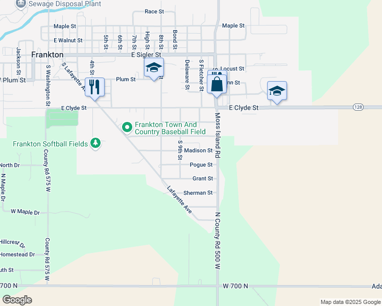 map of restaurants, bars, coffee shops, grocery stores, and more near 915 Madison Street in Frankton