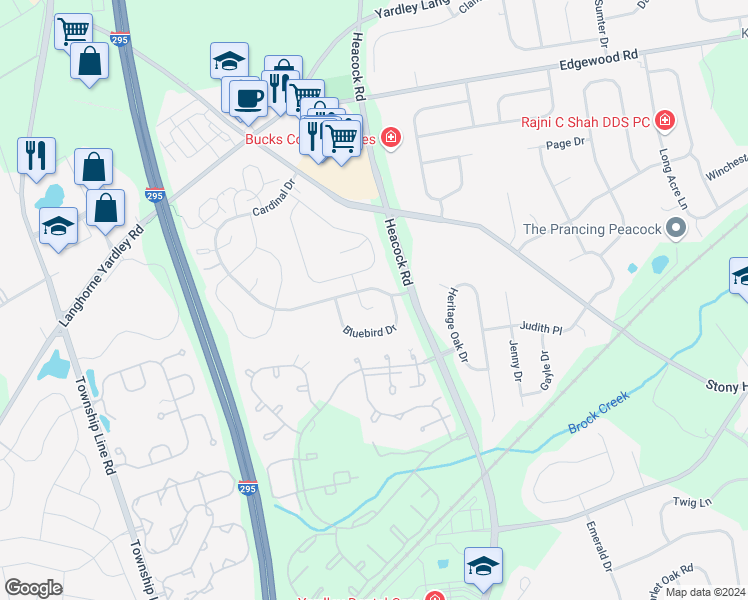map of restaurants, bars, coffee shops, grocery stores, and more near 572A Thrush Court in Yardley