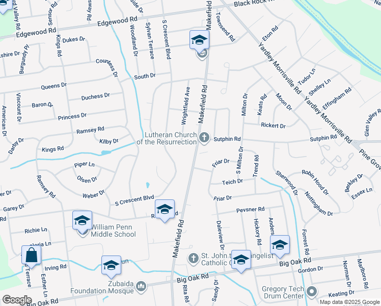 map of restaurants, bars, coffee shops, grocery stores, and more near 1635 Makefield Road in Yardley