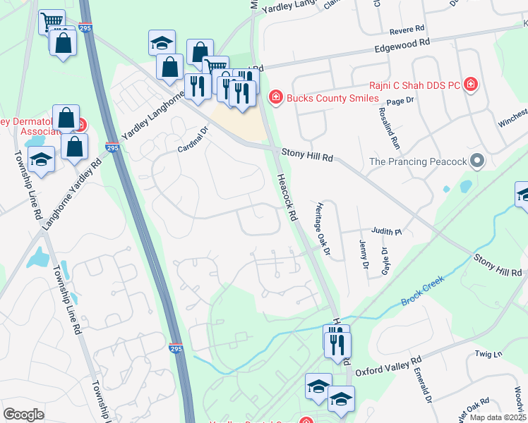map of restaurants, bars, coffee shops, grocery stores, and more near 572A Thrush Court in Yardley