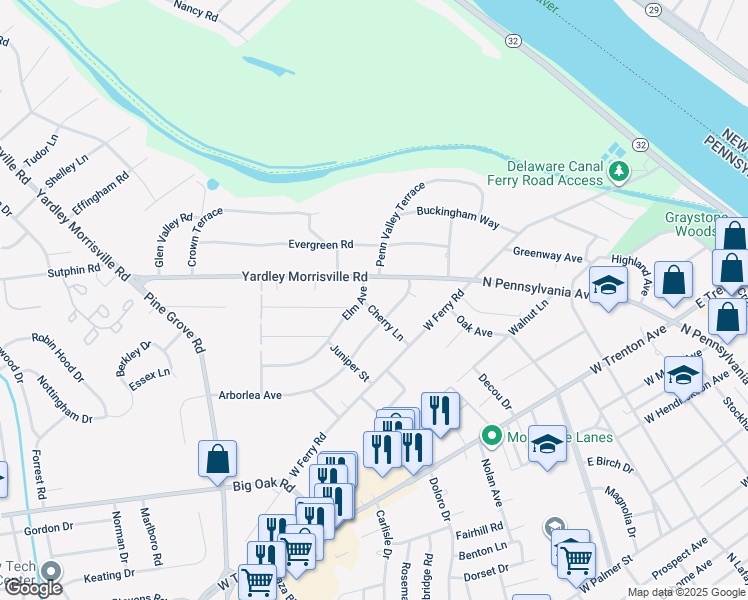 map of restaurants, bars, coffee shops, grocery stores, and more near 3 Elm Avenue in Yardley