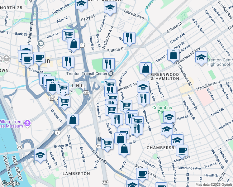 map of restaurants, bars, coffee shops, grocery stores, and more near 425 Greenwood Avenue in Trenton