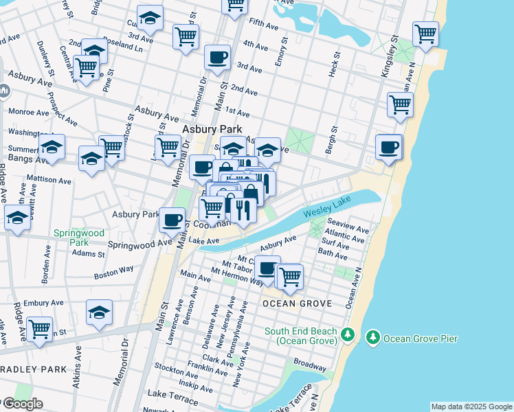 map of restaurants, bars, coffee shops, grocery stores, and more near 511 Cookman Avenue in Asbury Park